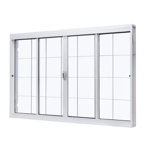 Janela de Aço Correr Central 100x120cm 4 Folhas Grade Quadriculada Vidro Liso Branco Unic Sol Central Ramassol