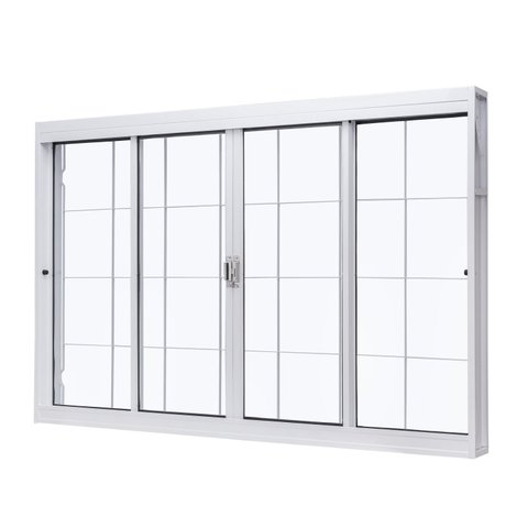Janela de Aço Correr Central 100x120cm 4 Folhas Grade Quadriculada Vidro Liso Branco Unic Sol Central