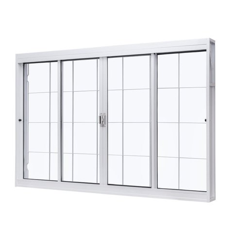 Janela de Aço Correr Central 100x120cm 4 Folhas Grade Quadriculada Vidro Liso Branco Unic Sol Central