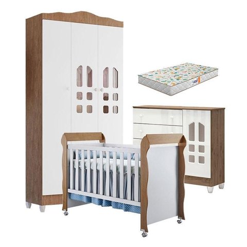Quarto de Bebê New Selena 3 Portas com Cômoda Selena e Berço Mirelle Branco Acetinado Amadeirado