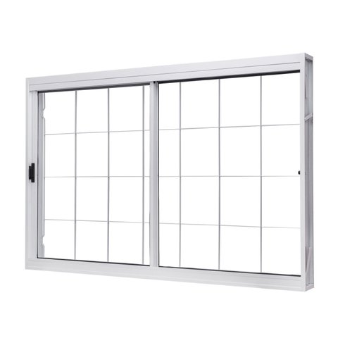 Janela de Aço de Correr Central 100x150cm 2 Folhas com Grade Quadriculada e Vidro Liso