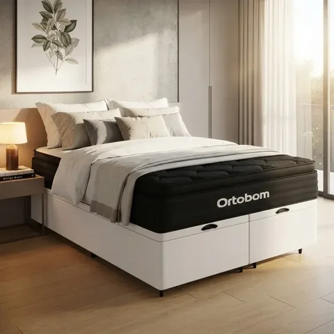 Cama Box Baú com Colchão Ortobom de Espuma Pillow Top Confort Black King 193cm