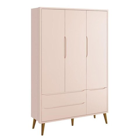 Guarda Roupa Infantil 3 Portas Theo Retrô Rosa Fosco com Pés Amadeirado - Reller Móveis Rosa