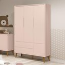 Ver imagem 3 de Guarda Roupa Infantil 3 Portas Theo Retrô Rosa Fosco com Pés Amadeirado - Reller Móveis Rosa