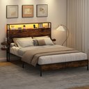 Ver imagem 2 de Cama Casal com Cabeceira, Led, Tomadas Usb e Prateleiras Laterais Deslizantes Marrom