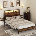 Ver imagem 1 de Cama Casal com Cabeceira, Led, Tomadas Usb e Prateleiras Laterais Deslizantes Marrom