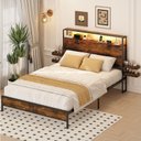 Ver imagem 3 de Cama Casal com Cabeceira, Led, Tomadas Usb e Prateleiras Laterais Deslizantes Marrom