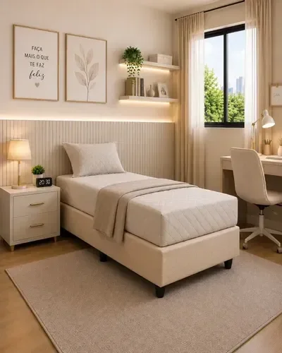 Base Box para Cama Juvenil Dobrável Suede 188x78cm Bipartido - Bege