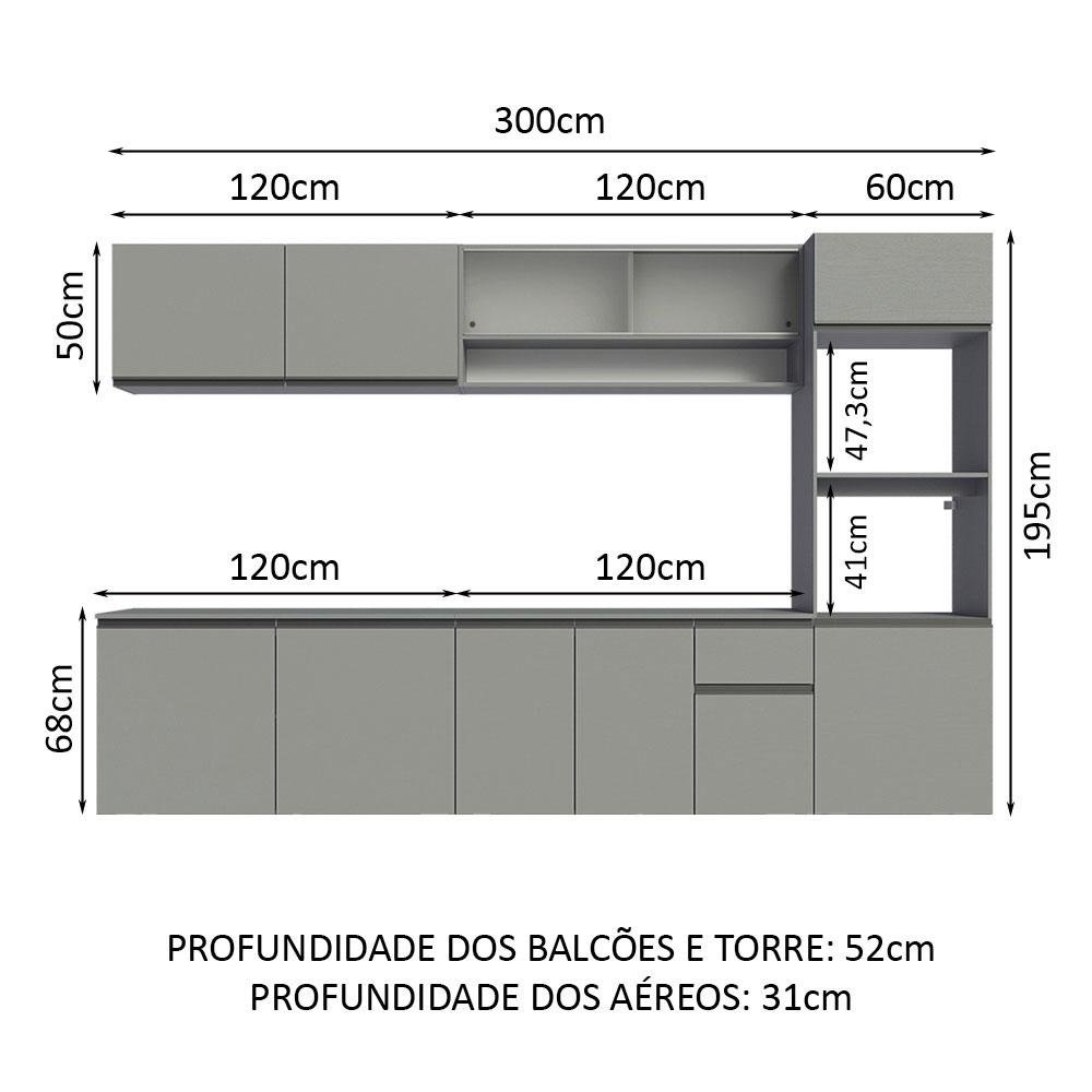 Armário de Cozinha Completa Suspenso 300cm Cinza Nice Madesa 04 - 4