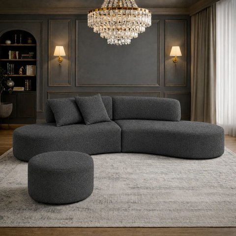 Sofá e Puff Orgânico Virginia 200cm Sala Bouclé: Cinza-Escuro