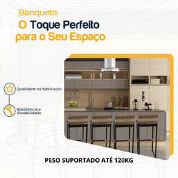 Kit 4 Banquetas Quadrada Junco Cappuccino para Balcão Ilha Cozinha Área Gourmet Bancada Piscina Bar - 3