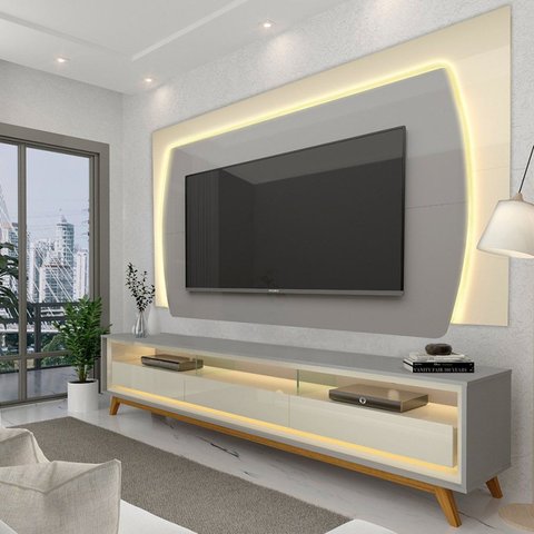 Rack com Painel para TV até 90 Polegadas com LED 100% MDF 219,5cmx195cm Pés em Madeira Maciça Elegance Yescasa