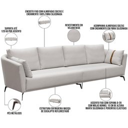 Sofá 3 Lugares Sala de Estar Living 250cm Pés Industrial Evan D06 Veludo Bege - Lyam Decor - 4 Sofá 3 Lugares Sala de Estar Living 250cm Pés Industrial Evan D06 Veludo Bege - Lyam Decor - 4