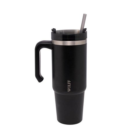 Caneca Térmica Wolff Parede Dp C/ Base e Canudo Preta 890ml