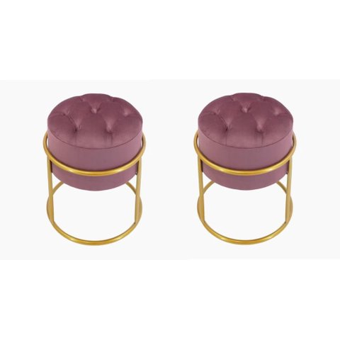Kit 2 Puff Banqueta Estofado Decorativo Base de Ferro Capitonê Suede Rosê Eli Móveis e Decoração