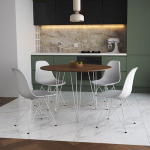 Mesa Jantar Redonda 110Cm Amêndoa Clips 3 Pés Com 4 Cadeiras Brancas Ferro Branco - Cor: Amendoa