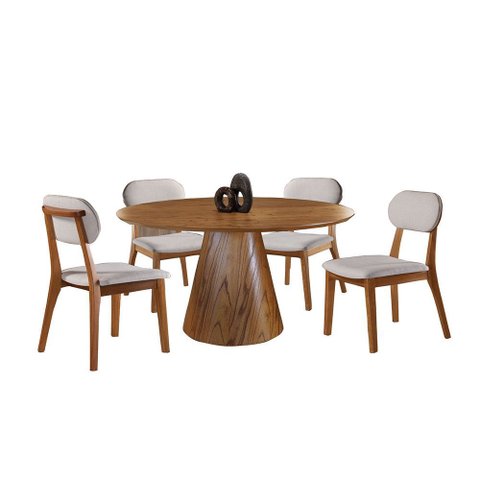 Conjunto Sala de Jantar 4 Lugares Carlo Mesa Redonda 1,2m e 4 Cadeiras Madeira Maciça Linho Cinza Pr