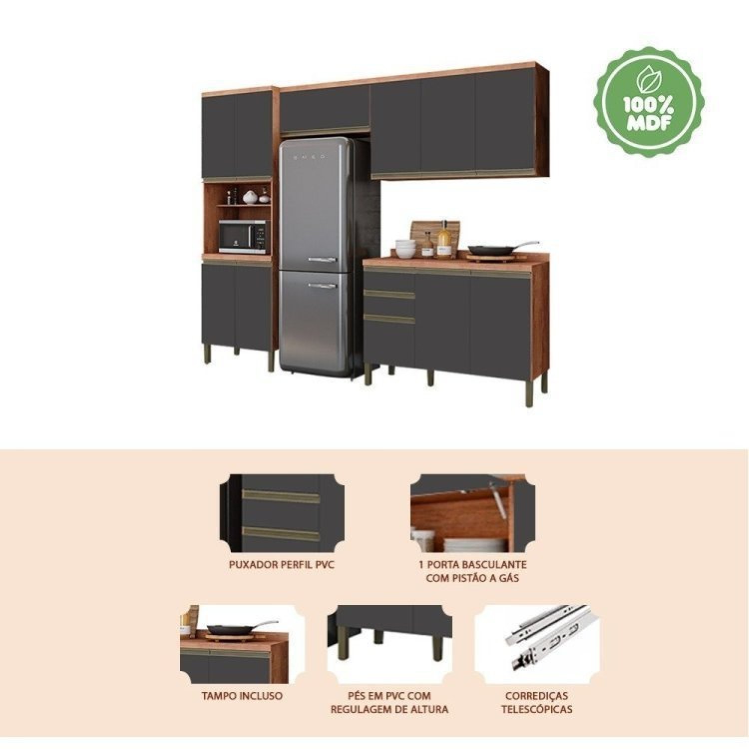 Cozinha Modulada Compacta com 4 Peças 11 Portas 2 Gavetas e Tampo 100% ...