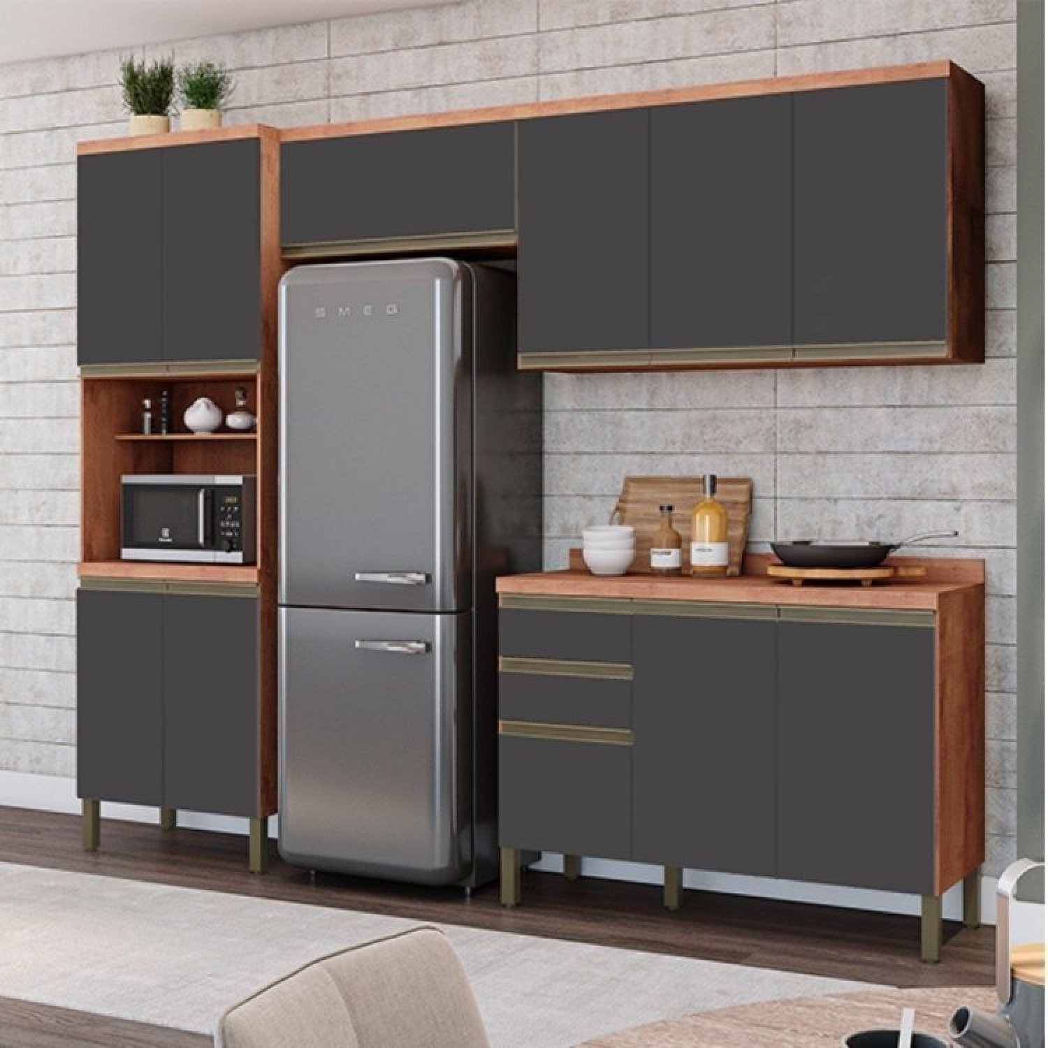 Cozinha Modulada Compacta com 4 Peças 11 Portas 2 Gavetas e Tampo 100% ...