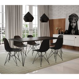 Conjunto Mesa de Jantar Industrial Clips Preta 135x75 com 6 Cadeiras Eiffel Pretas de Ferro Preto - 1
