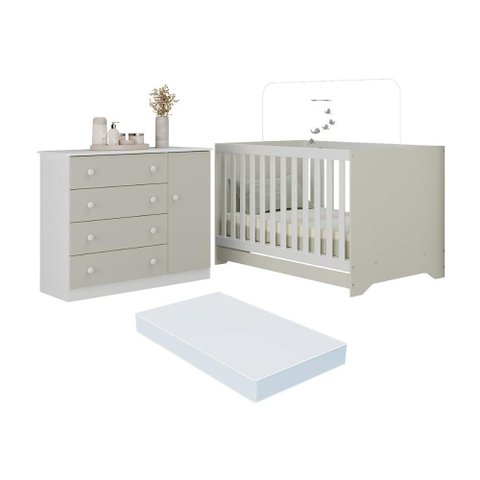 Berço Americano 3 em 1 com Colchão Incluso e Cômoda 1 Porta 4 Gavetas Encanto Multimóveis Mp4695
