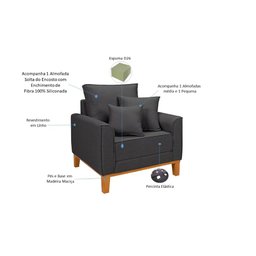 Conjunto de Sofá Living Beny 2 Lugares com Poltrona Base Madeira Linho - 6