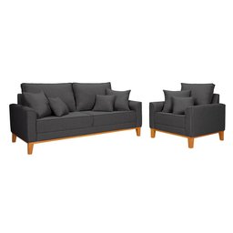 Conjunto de Sofá Living Beny 2 Lugares com Poltrona Base Madeira Linho - 2