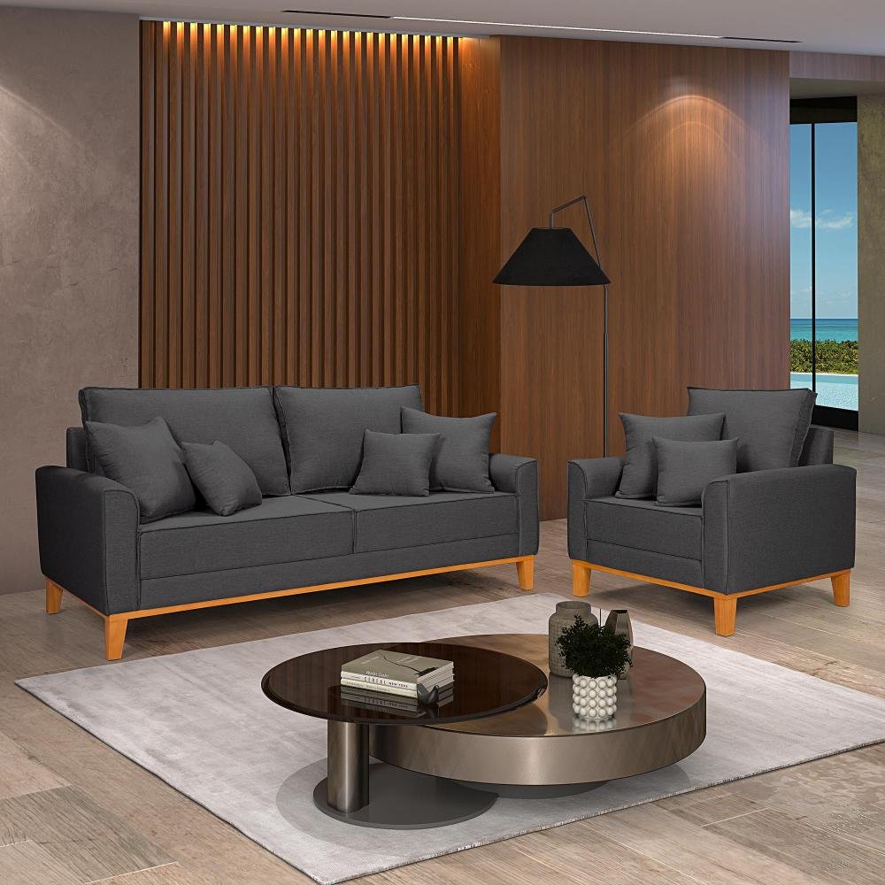 Conjunto de Sofá Living Beny 2 Lugares com Poltrona Base Madeira Linho