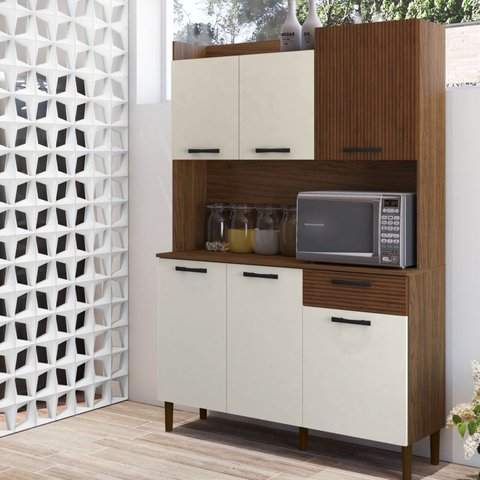 Armário de Cozinha 6 Portas 1 Gaveta Kit Gênova Branco/Nogueira/Off White/Cp- Ripado