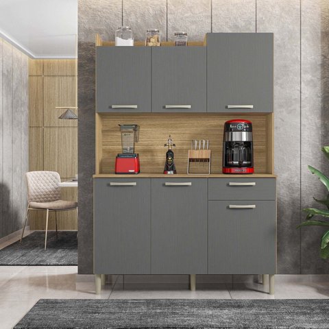 Armário de Cozinha 6 Portas 1 Gaveta Kit Gênova Cinza/Freijó/Gris