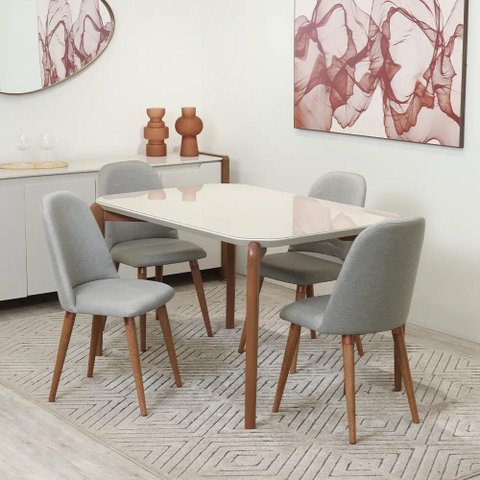 Conjunto de Jantar Mesa Retangular com Vidro Donatella com 4 Cadeiras New Drop - Natural C/ Cinza