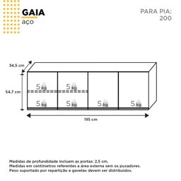 Armário Aéreo de Cozinha em Aço 200cm 3 Portas Gaia  - 4