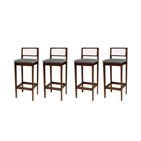 Kit 4 Banquetas Madeira Imbuia com Linho Chumbo Cozinha Encosto Palha Rattan