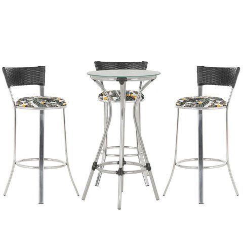 Kit de Mesa Bistrô com Tampo de Vidro Redondo 4 Banquetas em Alumínio e Fibra Sintética Preta