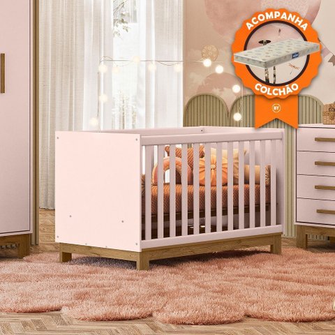 Berço Mini Cama com Colchão Qencanto Slim 4315 Rosa Qmovi Probel