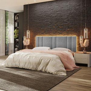 Cabeceira Estofada Cama Casal King Size com Led Moderna 200 Cm:linho Cinza