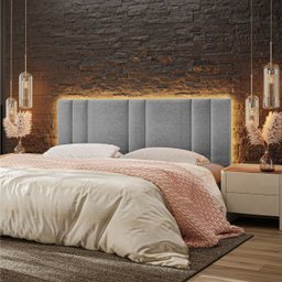 Cabeceira Estofada Cama Casal King Size com Led Moderna 200 Cm:linho Cinza - 2