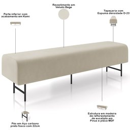 Puff Recamier Decorativo com Pés Industrial 140cm Novara P05 Veludo Bege - Lyam Decor Norava - 4