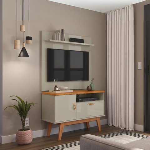 Rack com Painel Prateleira e Nicho para Sala Moderna Retro:off White / Cinamomo