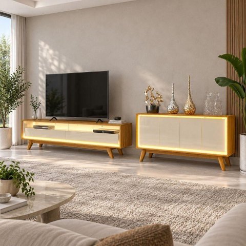 Conjunto Rack + Buffet Requinte 172cm com LED Off White Gelius Móveis
