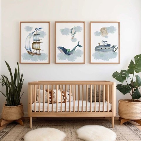 Kit 3 Quadros Decorativos Infantil - Aqua Line NO2 - 30x40 - Moldura Madeira