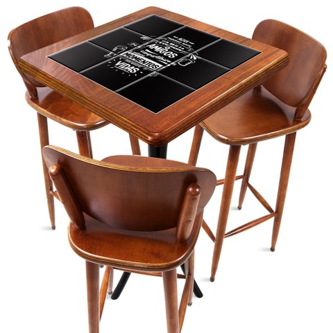 Cj Mesa Madeira Azulejo 60x60cm - Bistrô Fixa 98cm + 3 Banquetas 73 - Natural - Família e Amigos