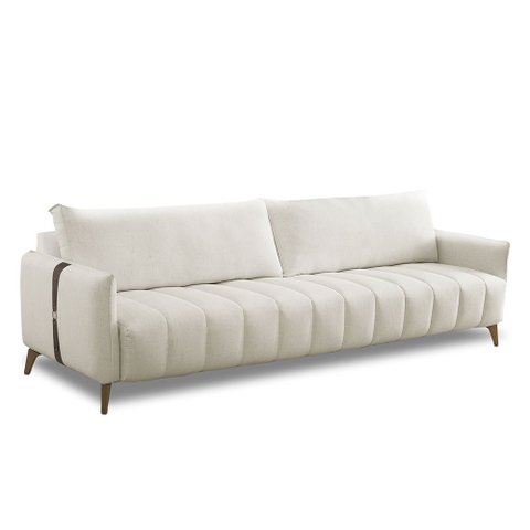 Sofá Sala de Estar Living Desing Moderno 240cm Pés em Madeira Detalhe Lateral em Pu Amadeu Linho Be