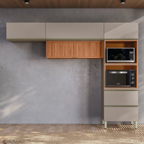Cozinha 270cm Aéreo Ripado 3 Peças Proença Bege/Nogueira/Nude Prime