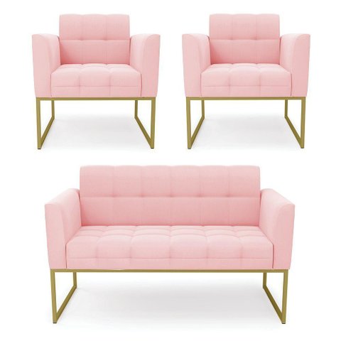 Kit 1 Sofá Namoradeira e 2 Poltronas Elisa Suede Rosa Bebê Base Metálica Industrial Dourada D'