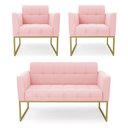 Ver imagem 1 de Kit 1 Sofá Namoradeira e 2 Poltronas Elisa Suede Rosa Bebê Base Metálica Industrial Dourada D'