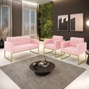 Ver imagem 5 de Kit 1 Sofá Namoradeira e 2 Poltronas Elisa Suede Rosa Bebê Base Metálica Industrial Dourada D'