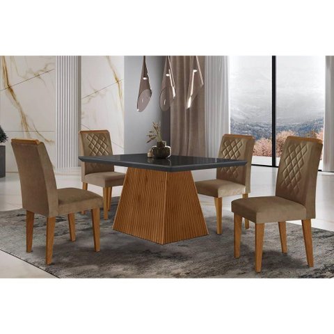 Sala de Jantar Completa Luna C- Tampo Madeirado Vidro Canto Curvo 120x80cm e 4 Cadeiras Jade Imbuia-