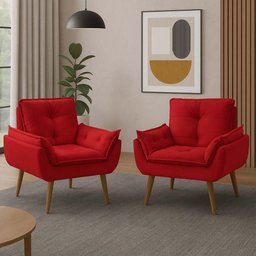 Kit 2 Poltronas para Sala Decorativa Opala Pés Madeira Suede Vermelho Império Decor - 2