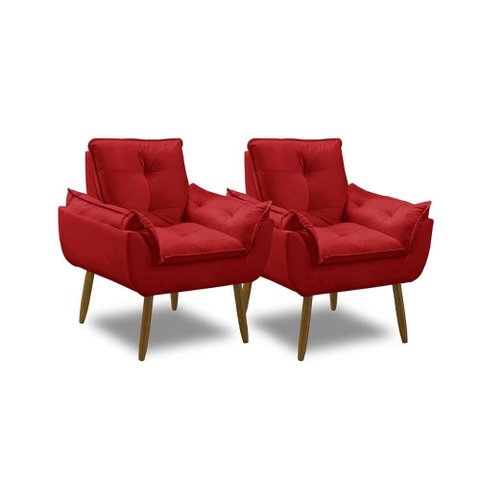 Kit 2 Poltronas para Sala Decorativa Opala Pés Madeira Suede Vermelho Império Decor